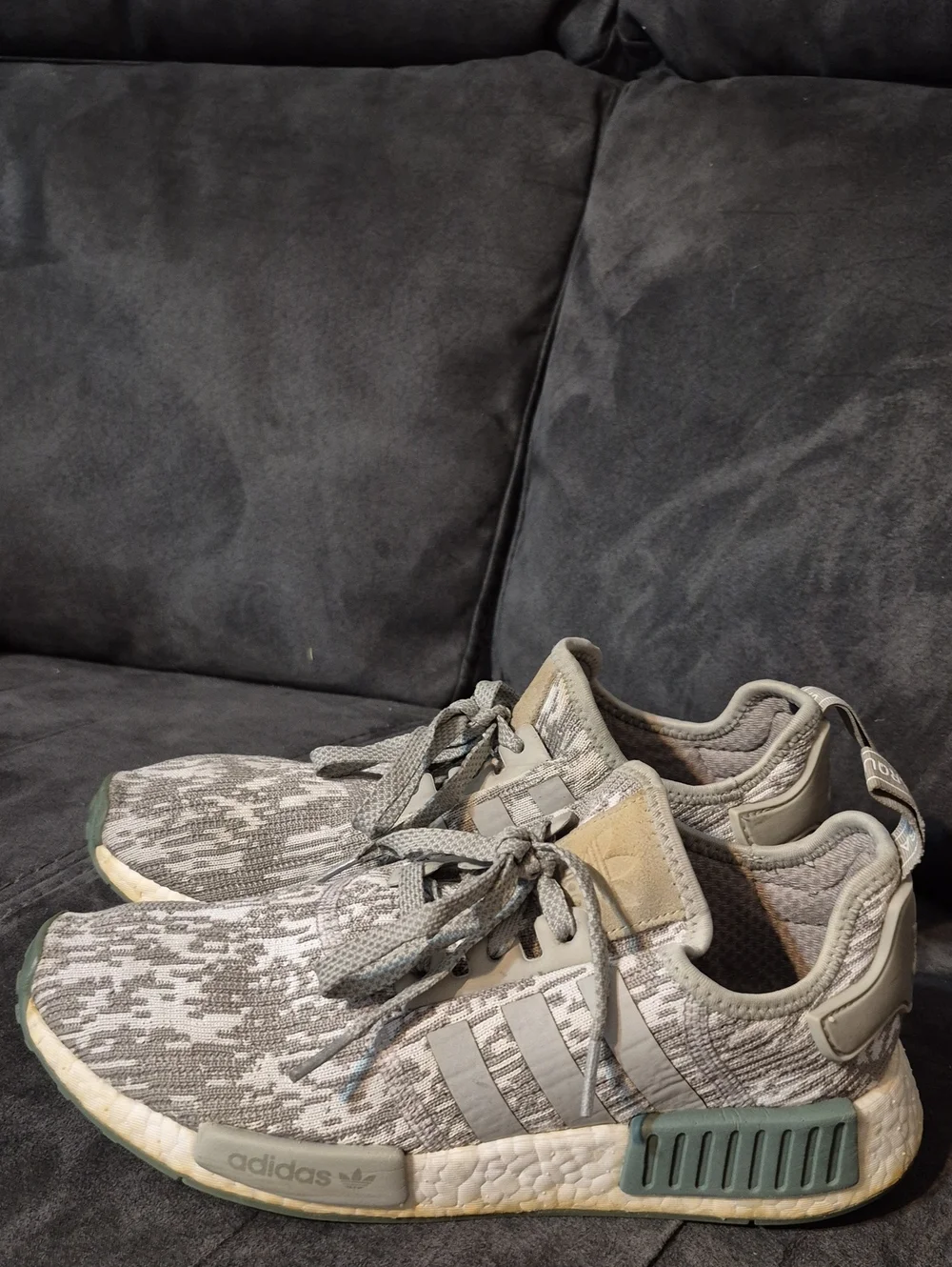 adidas Men’s Gray Knit NMD Sneakers with Green Accents